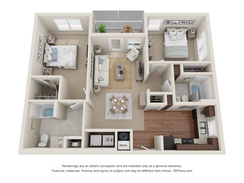 Floor plan for 2 beds, 2 baths, 968 sqft
